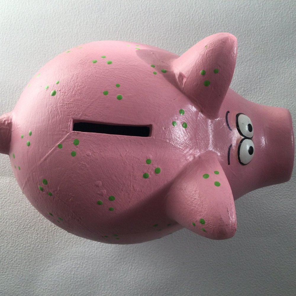 Big ceramic piggy bank figurine decoration pink with green dots
